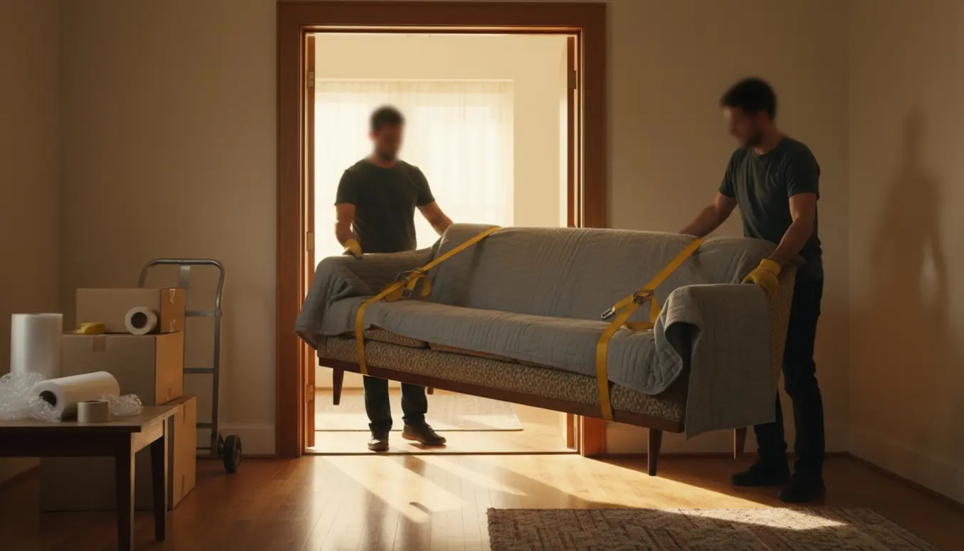 To personer bærer en indpakket sofa gennem en lejligheds døråbning med flyttekasser og udstyr i baggrunden.