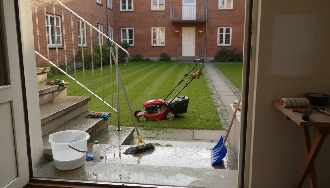Oversigt over viceværtarbejde med nyvaskede trapper, slået græs og haveredskaber i en lille gård.