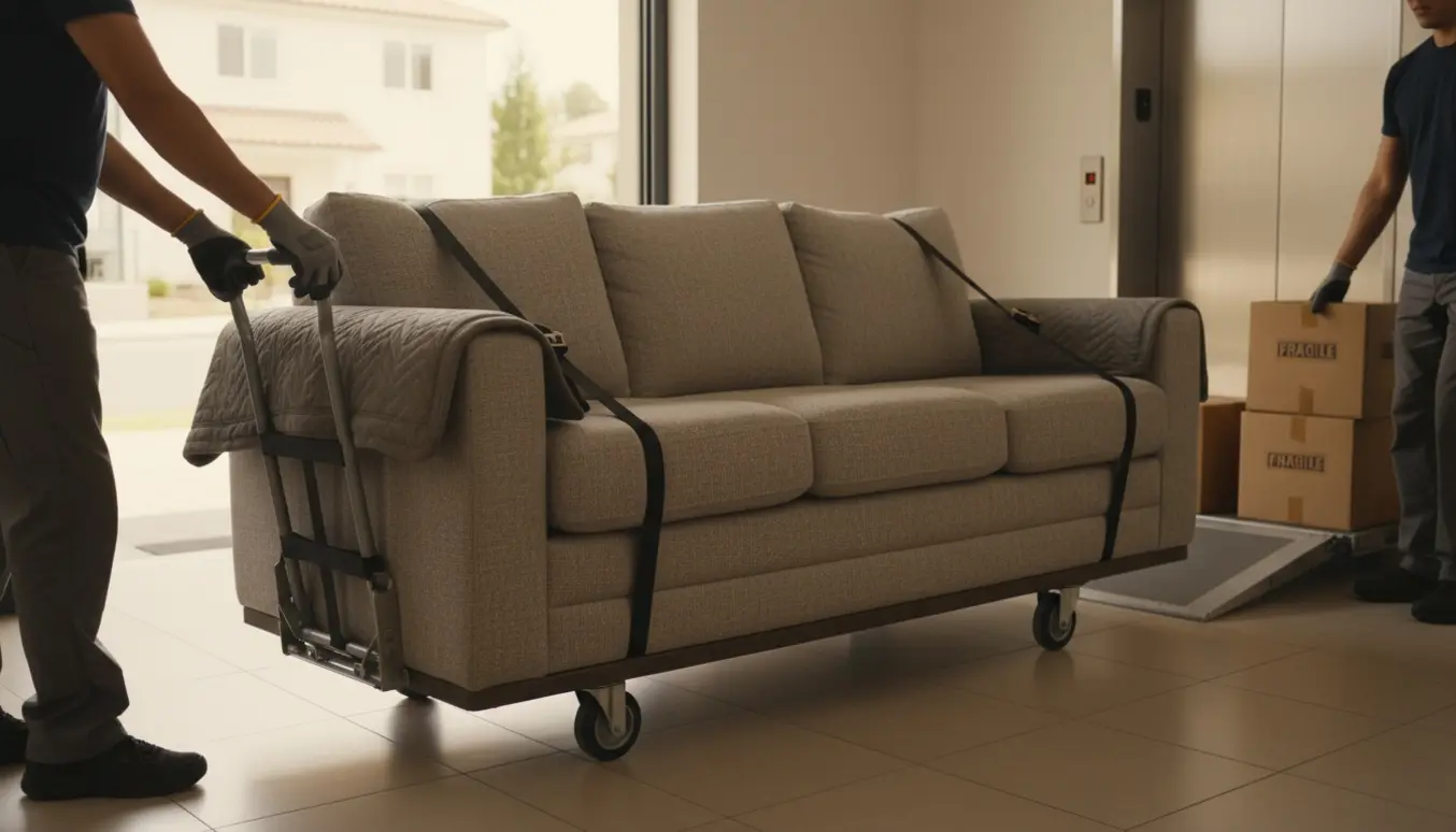 Pakket 190 cm sofa løftes fra flyttevogn ind i en elevator, uden tydelige ansigter.