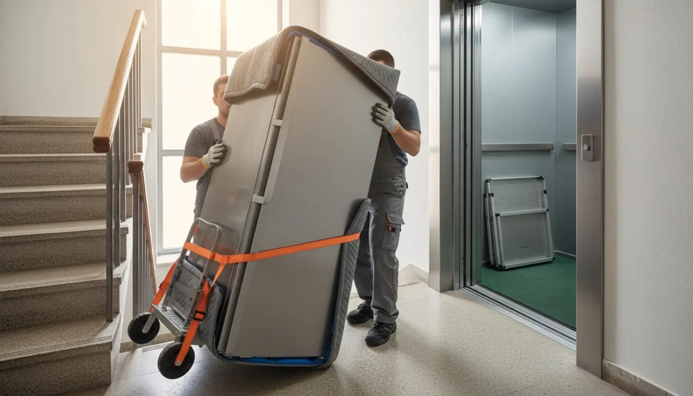 Et køle-fryseskab løftes op ad en smal trappe mod en åben elevator med sækkevogn og flyttetæpper.