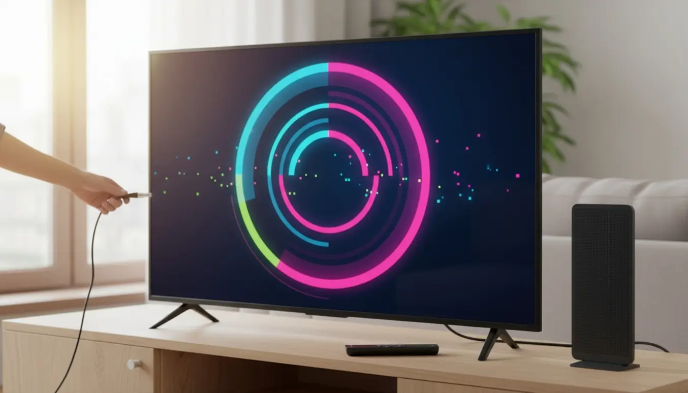 Et nyt 43-tommer LCD-tv, der scanner kanaler, med en indendørs antenne og tilsluttet kabel i en lys stue.