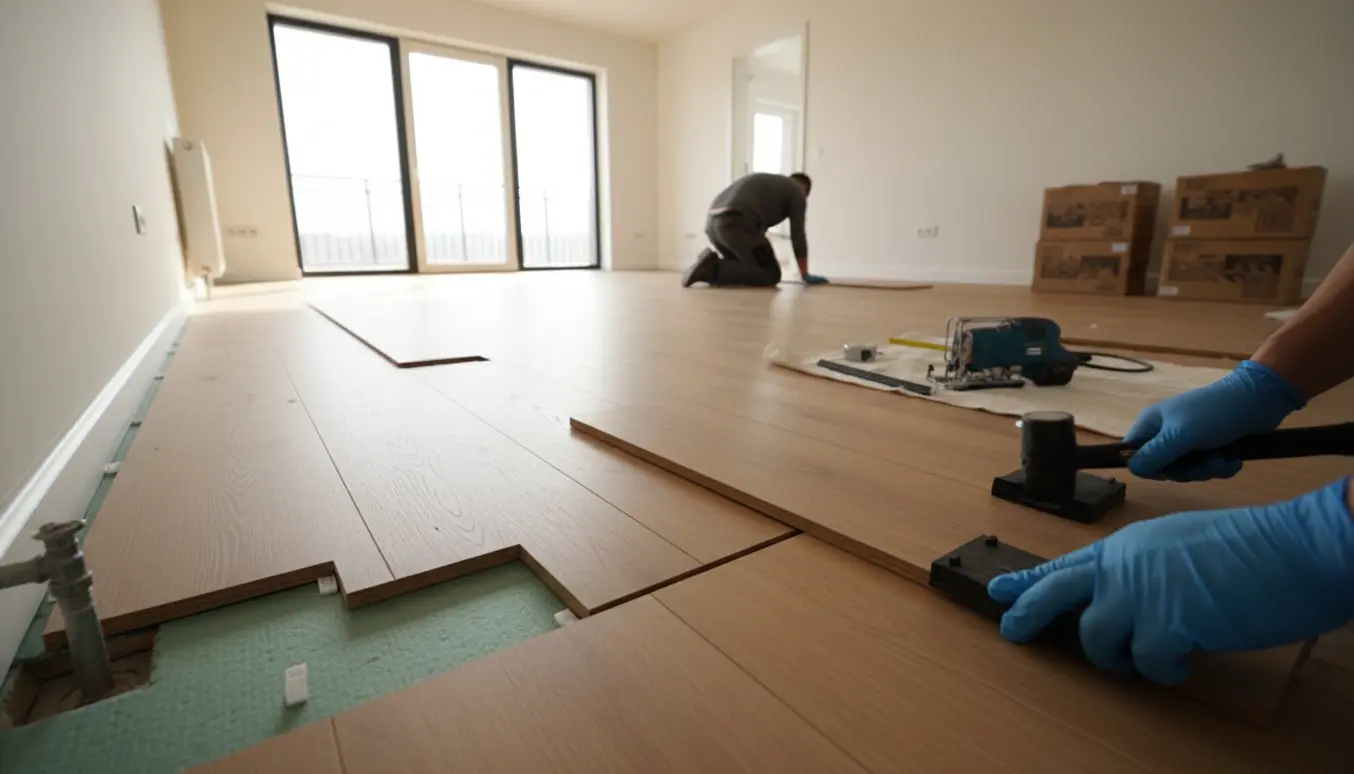 Klikgulv bliver lagt i en lys, firkantet stue med planker, værktøj og udskæringer ved radiatorer.