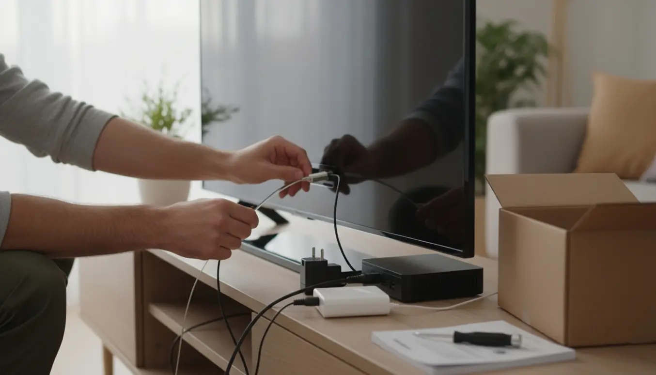 Hænder forbinder en tv-boks til et nyt smart-tv med fiber- og antennekabler i en lys stue.