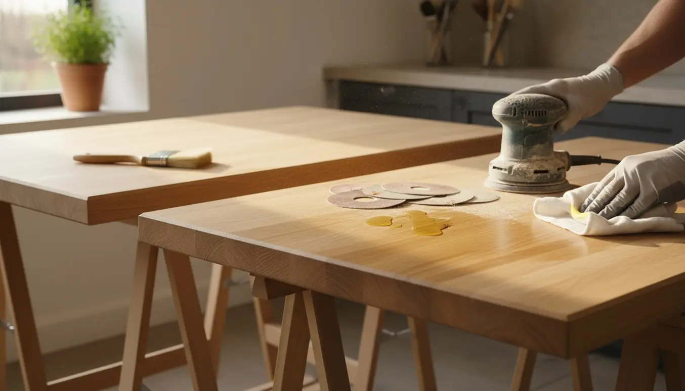 To egetræsplanker på bukke, hvor handskerede hænder sliber og påfører olie på bordets overflade.