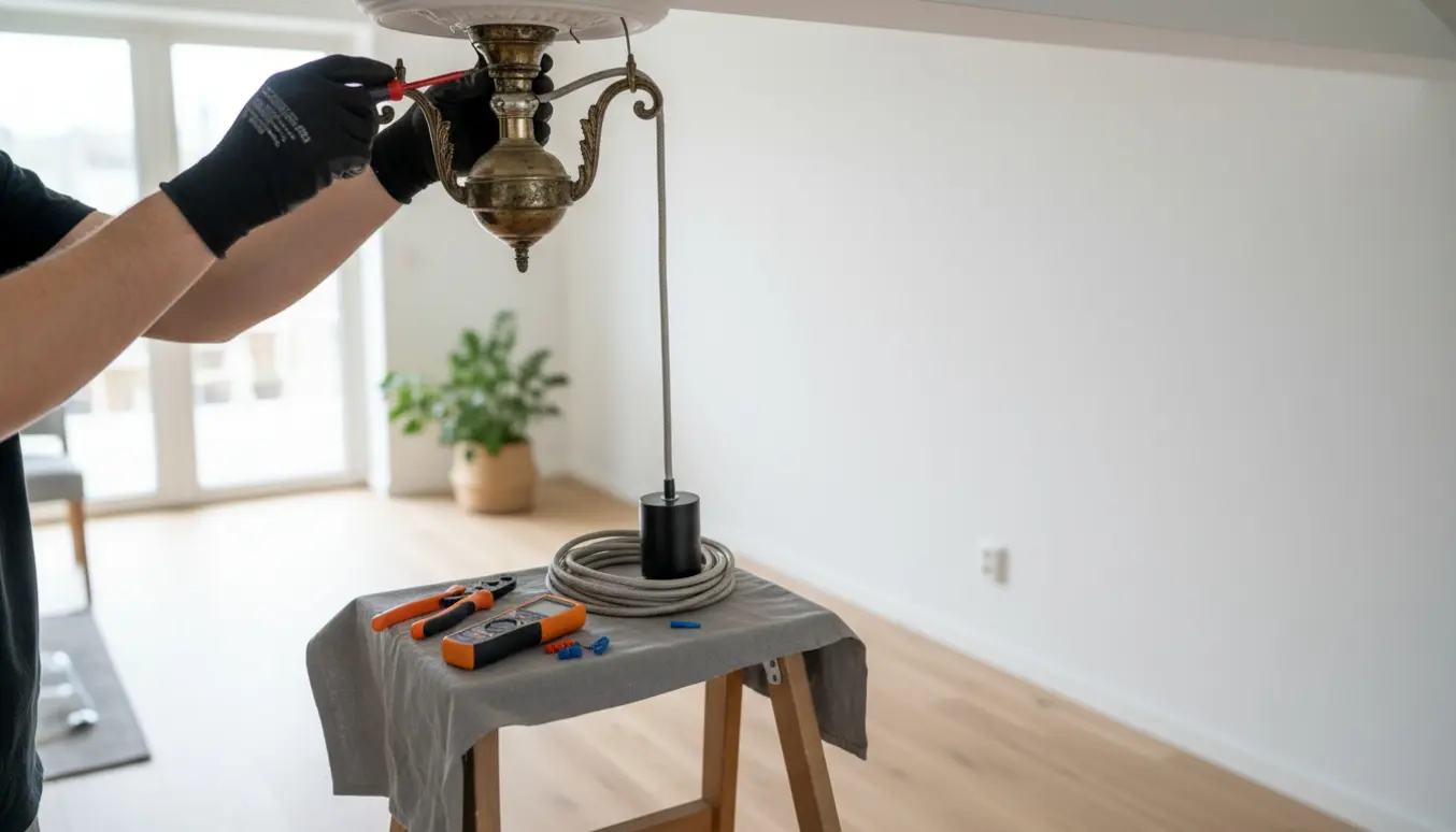 En elektriker tager en gammel lampe ned fra en loftroset og monterer en ny pendel på en lille stige i en lys gang.