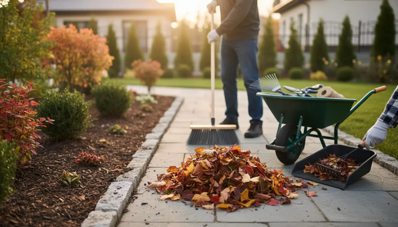 En havehjælper fejer en sti og samler blade ved små ordnede bede i en forhave.