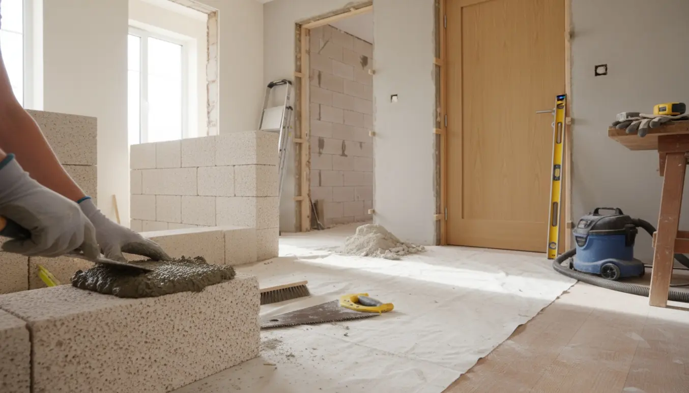 Solbelyst indvendig renovering med gasbetonblokke fyldt i døre og en ny dør sat i en bærende væg.