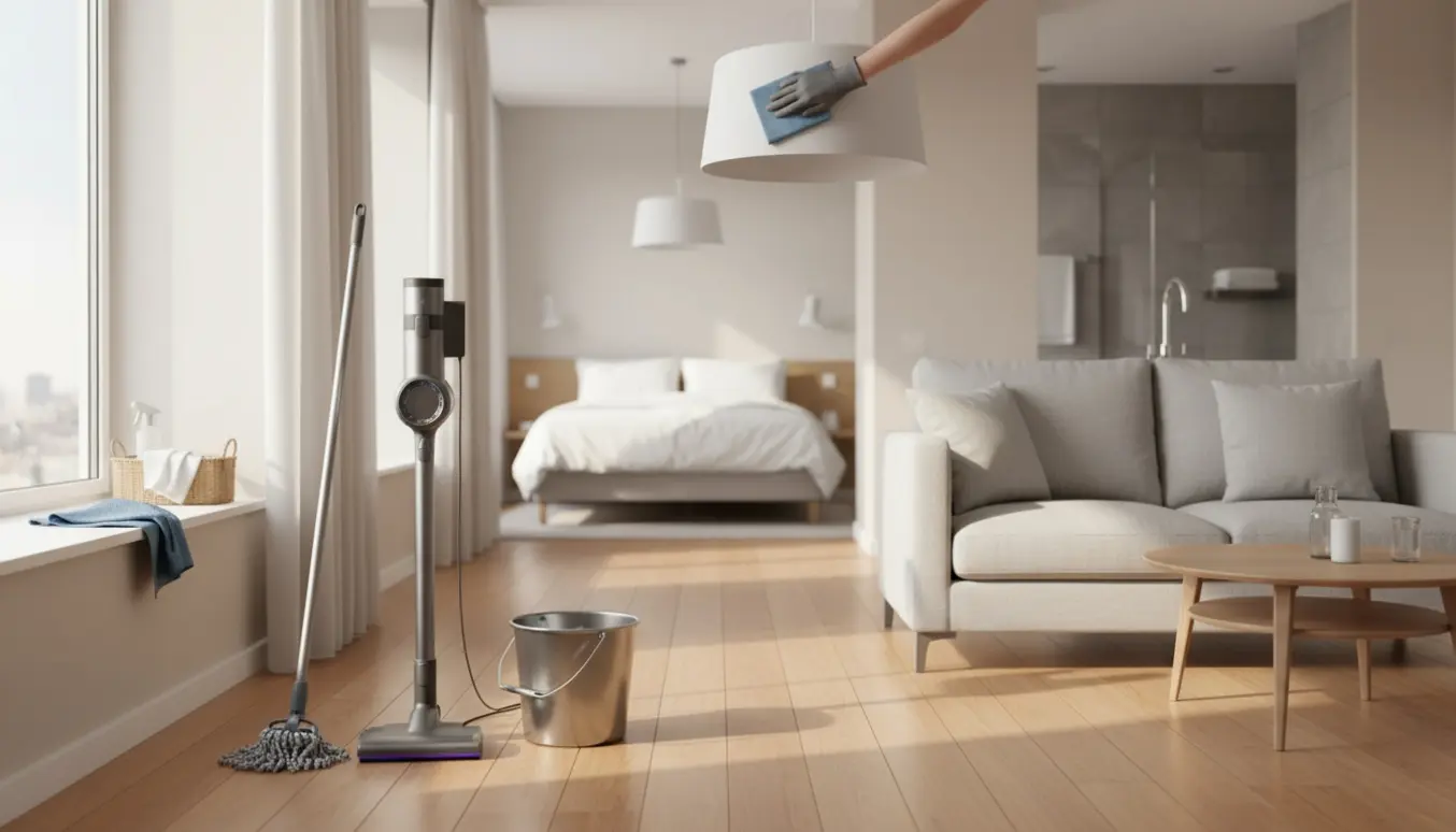 Nyvasket lejlighed med støvsuger, moppe og tørret vindueskarm i naturligt dagslys.