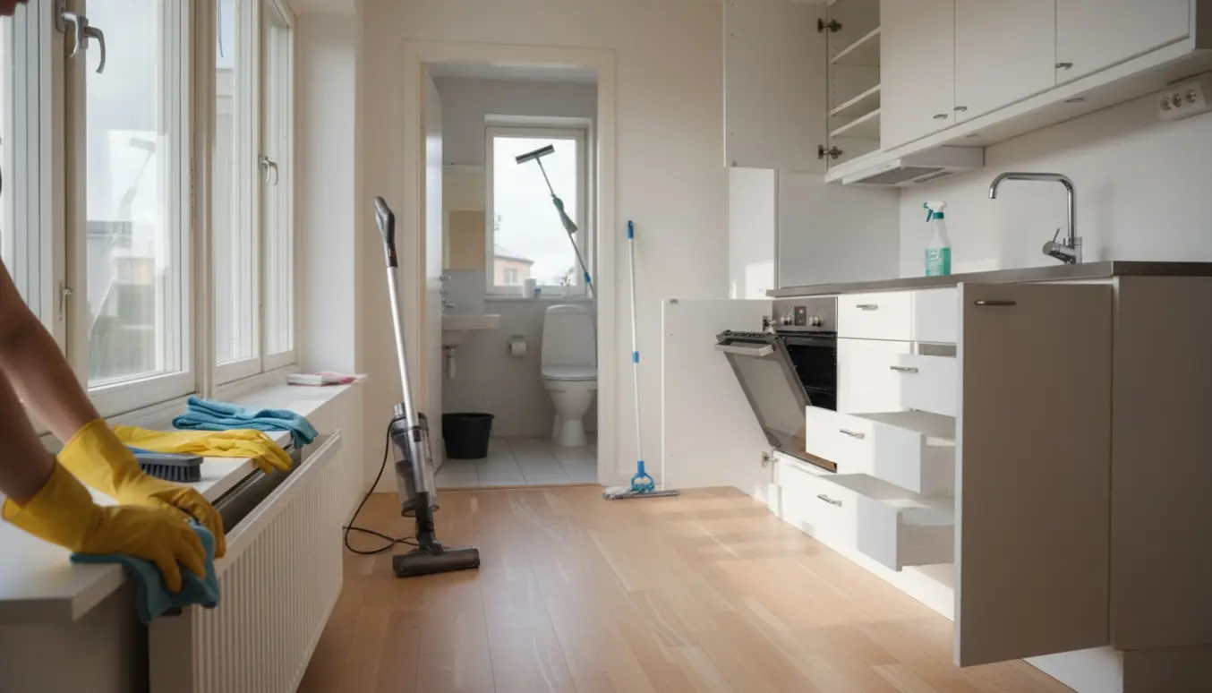 Flytterengøring i lys lejlighed med handsker, moppe, støvsuger og åben, nyvaskede skabe.