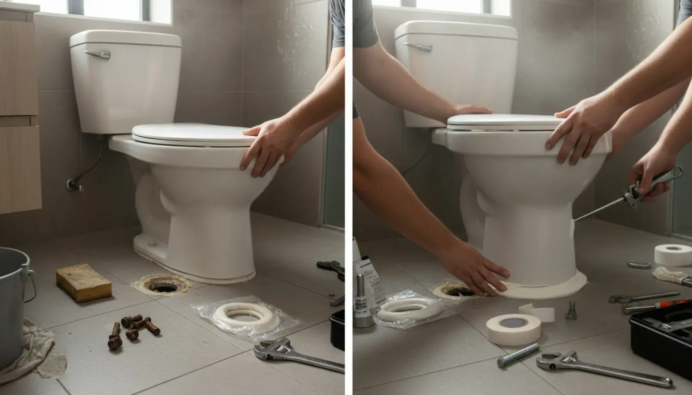 Nærbillede af hænder der afmonterer et gammelt toilet og monterer et nyt med fugepistol i et lyst badeværelse.