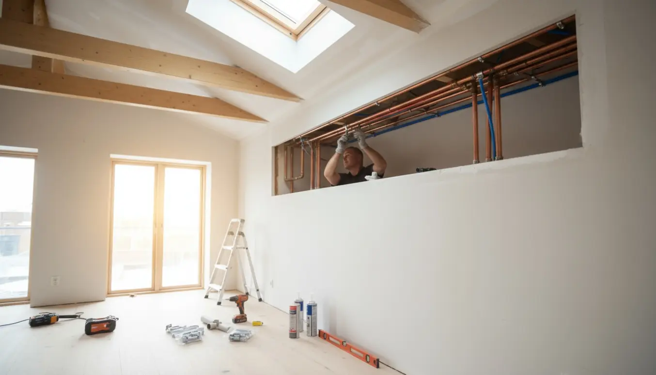 Håndværker omlægger rør i et lyst loft med stige, værktøj og skjult rørføring.