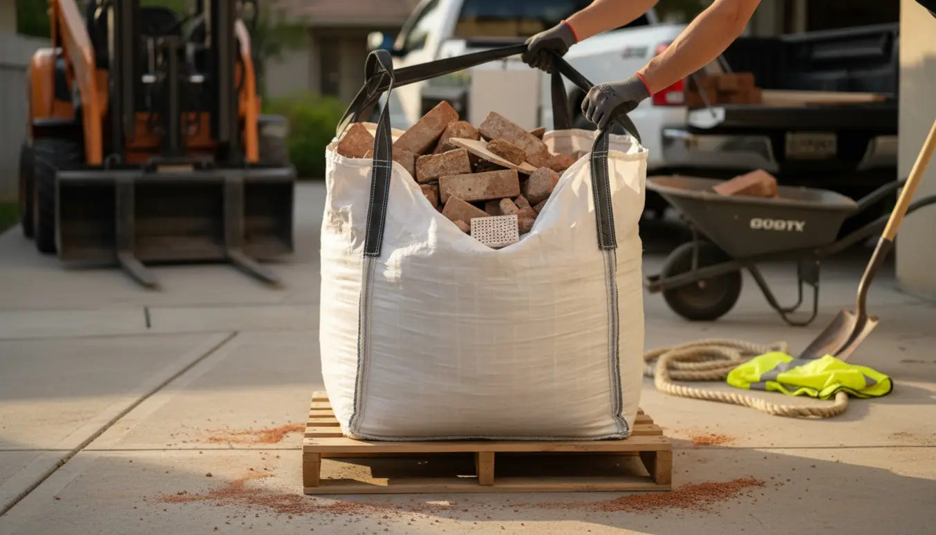 Fyldt bigbag med mursten og murbrokker på en palle i indkørslen, med arbejdshandsker og løftestroppe klar til afhentning.