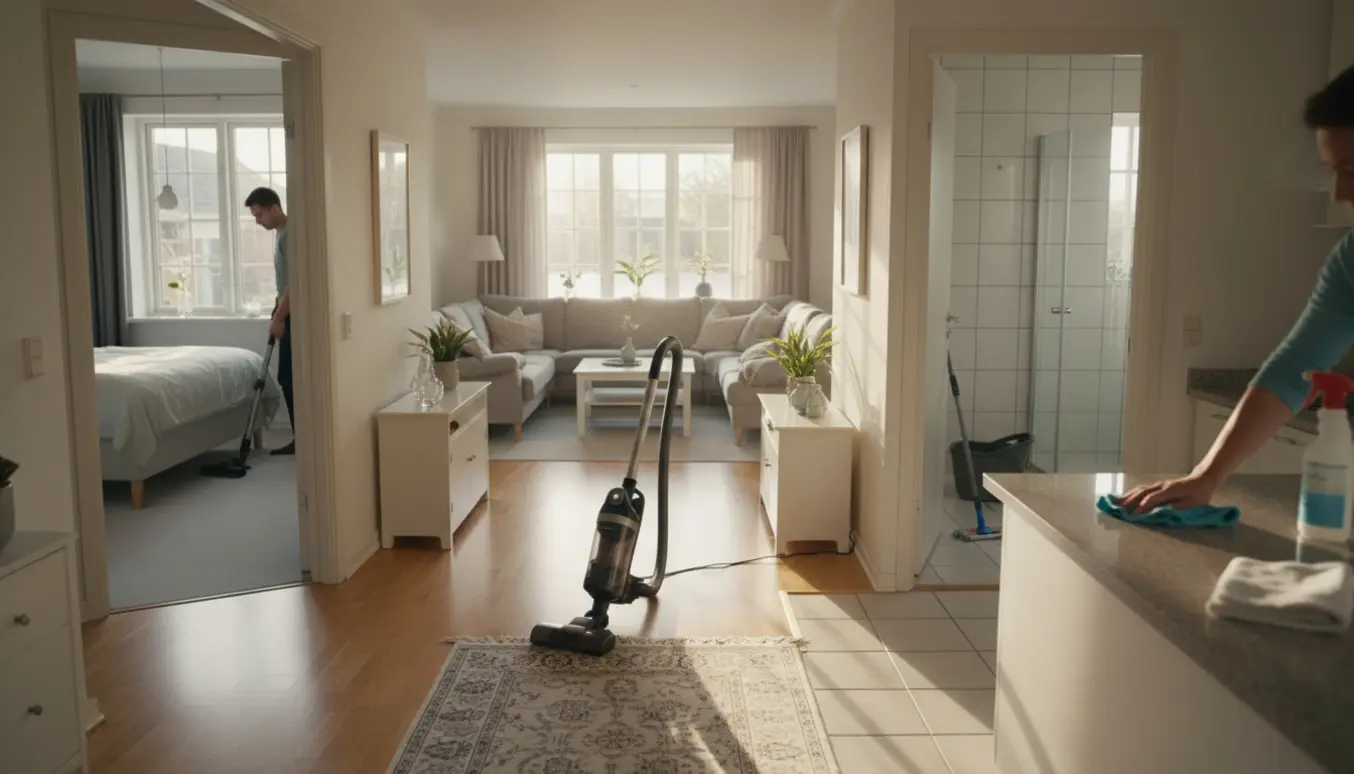 Solbeskinnet hjem med rengøringsudstyr — støvsuger i entréen, moppe i badeværelset og aftørring af køkkenbordet.