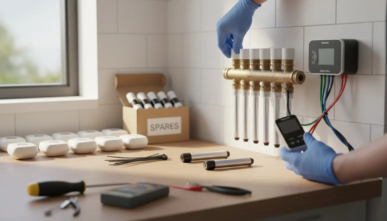 Tekniker udskifter gamle aktuatorer og monterer en ny digital gulvvarmeregulator ved et fordelerpanel.