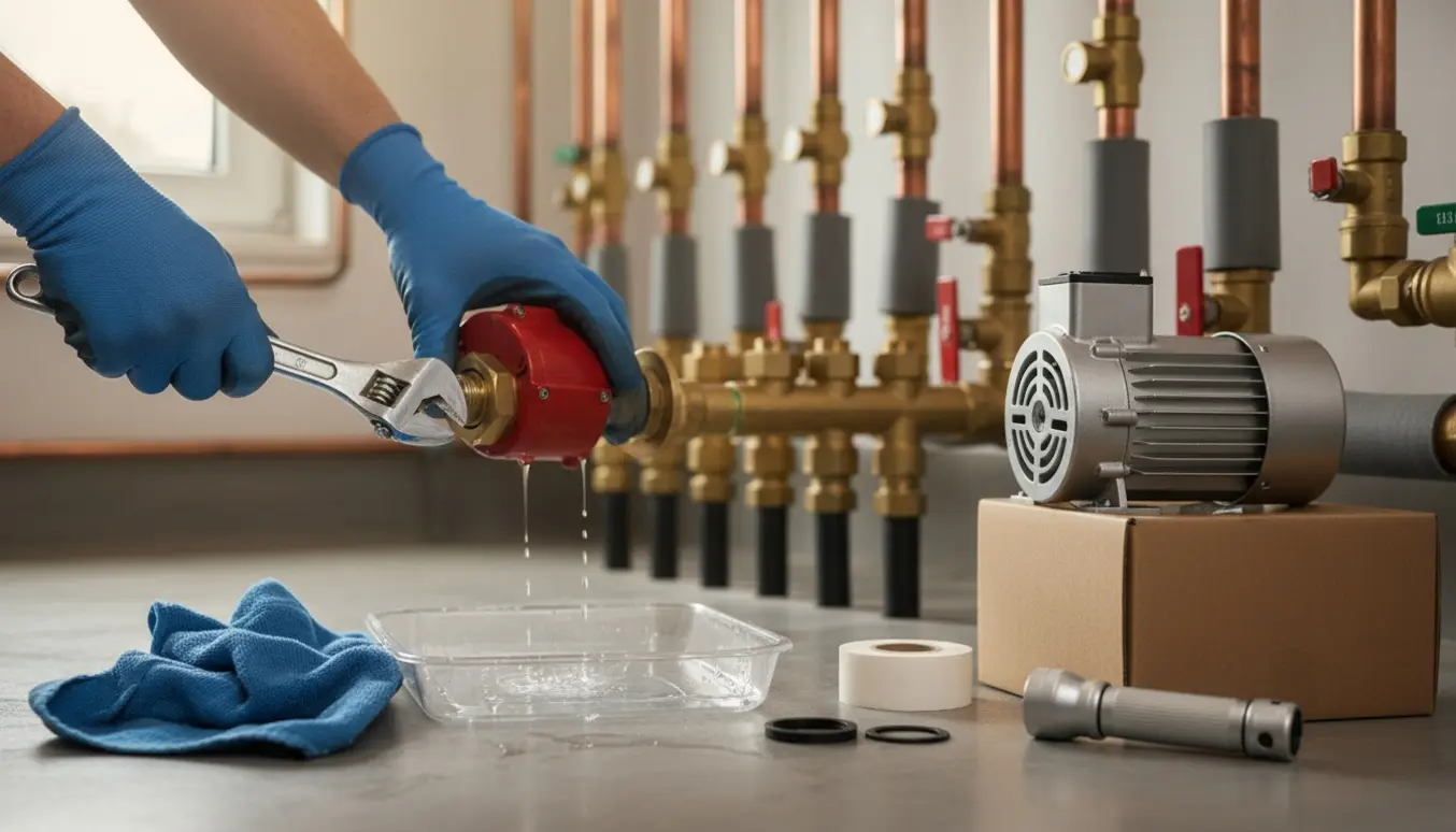 Hænder skifter cirkulationspumpe på et gulvvarmefordelingsstykke i et ryddeligt fyrrum.