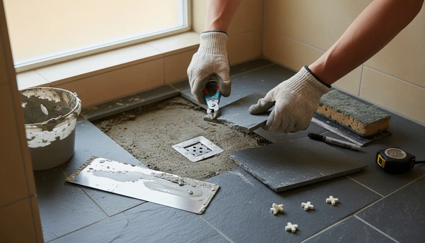 Hænder tilpasser og monterer en skiferflise i et lille brusehjørne med mørtel og fliseværktøj.