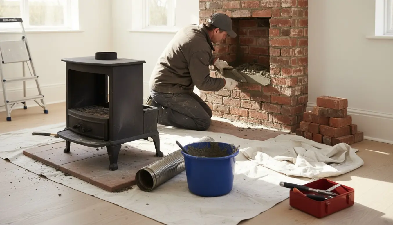 Nedtagning af brændeovn på 2. sal med håndværker, der murer hul i væggen igen.