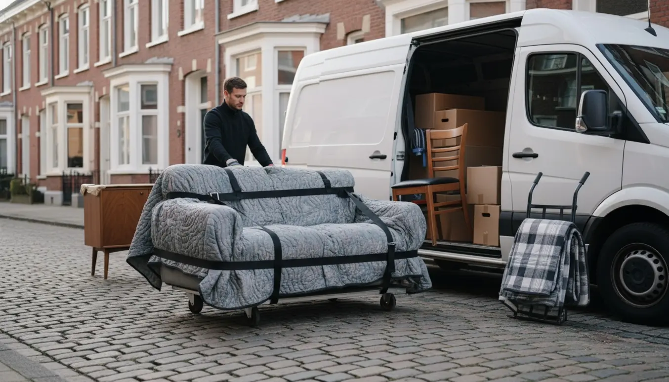 To flyttefolk læsser få møbler ind i en varevogn foran en rødstensbolig, ansigter er ikke synlige.