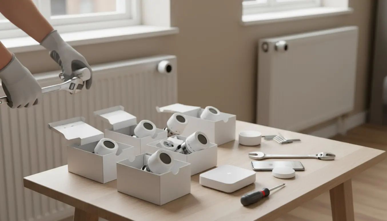 Hænder monterer en hvid smart termostat på en radiator med otte termostater og en gateway på et bord i et lyst hjem.