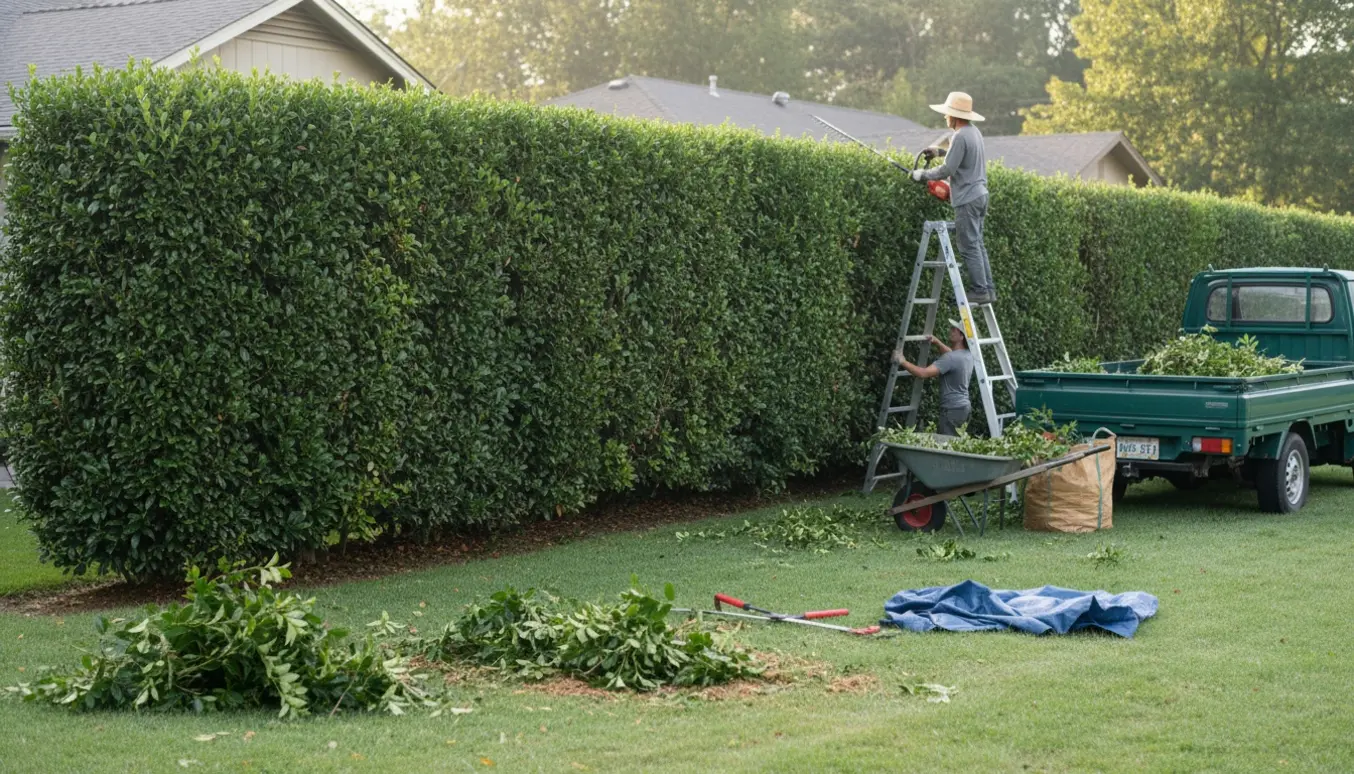 Tidlig morgen hvor en håndværker klipper toppen af en lang hæk og afklippede grene samles i en trillebør og en åben varebil.