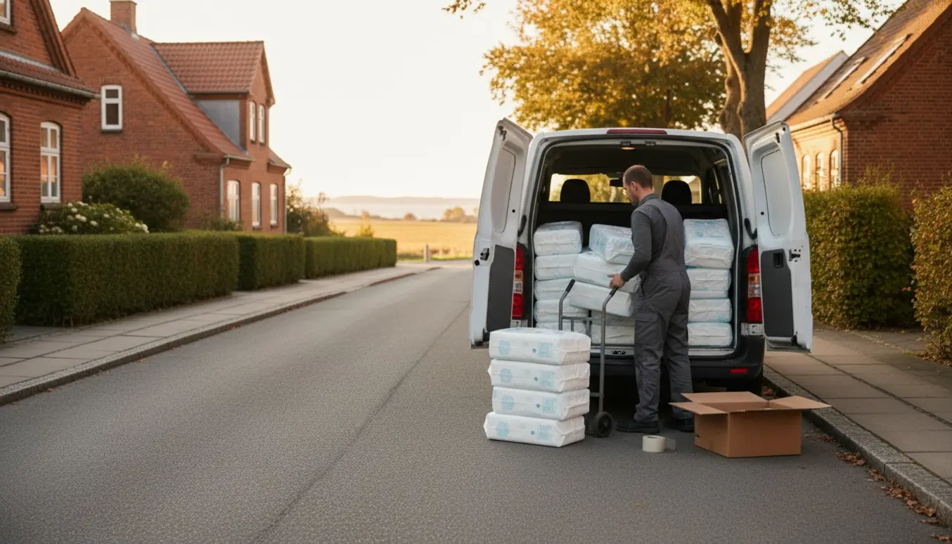 En budmedarbejder læsser fem pakker voksenbleer ind i en varevogn i et dansk villakvarter.
