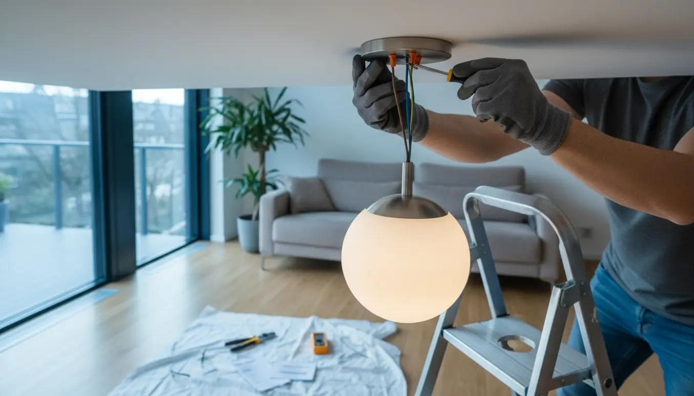 Hænder monterer en loftlampe i et lyst, moderne rum med værktøj og stige.