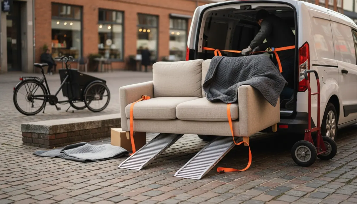 To personer læsser en sofa ind i en flyttevogn på Vesterbro Torv, beskyttet med flyttetæpper og stropper.