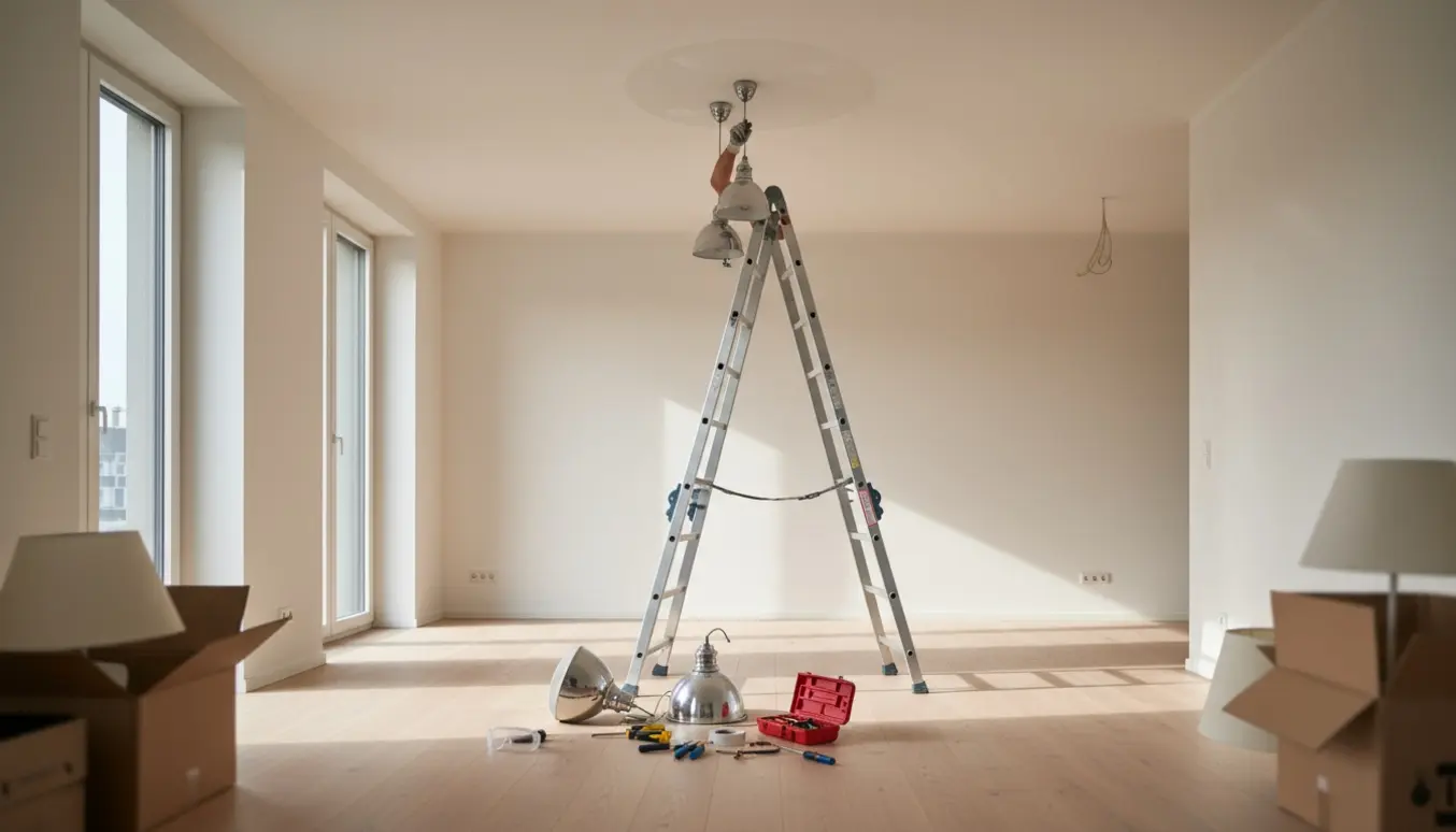 Hænder fjerner en lampe fra et 4 m højt loft i en tom lejlighed med stige og værktøj.