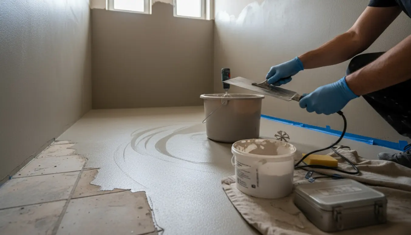 Badeværelse hvor håndværker påfører silke-cement på gulvet med en rustfri spartel, to små vinduer lader naturligt lys ind.