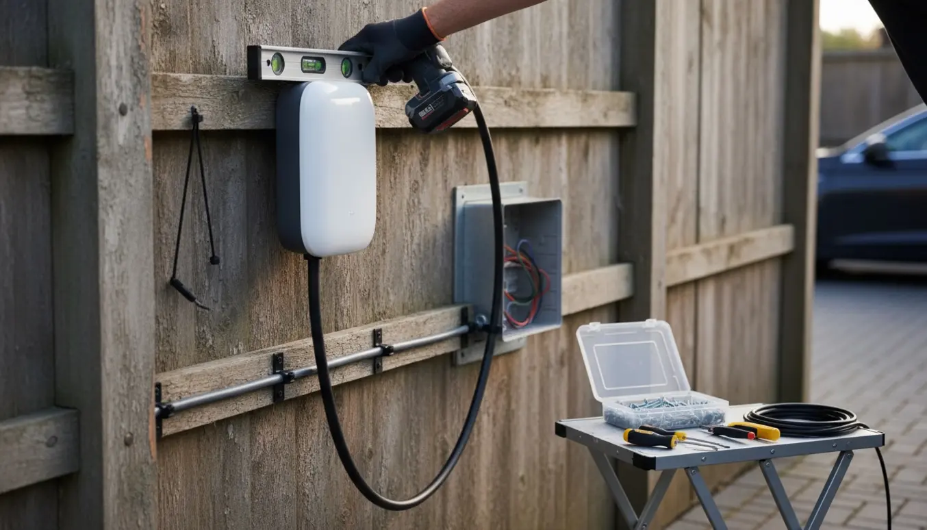 Vægmontering af en elbiloplader på et træhegn med synligt kabel og værktøj.