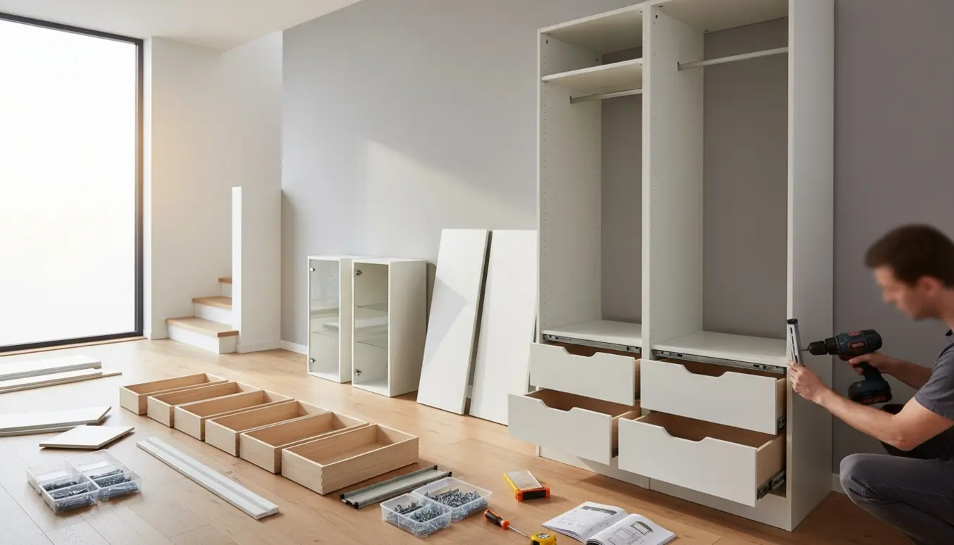 Montør monterer skuffer i et åbent garderobeskab i en lys stue, med tre skabslåger klar til montering.