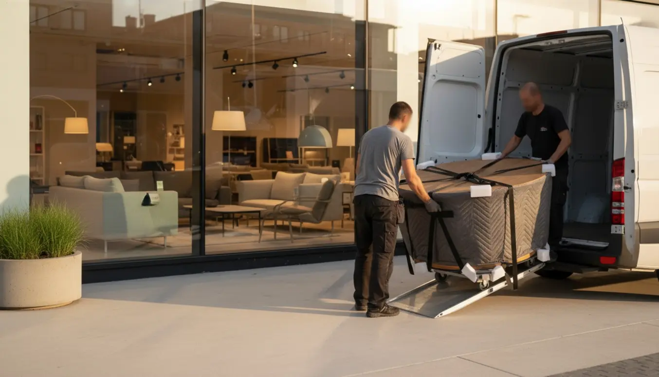 Et rundt spisebord pakkes og løftes ind i en varevogn udenfor en moderne møbelbutik i aftenlyset.