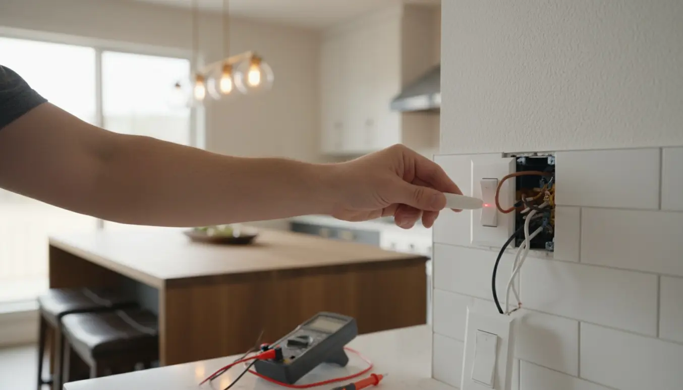 Et køkken hvor en lampe stadig er tændt, mens en hånd prøver at slukke kontakten og værktøj ligger på bordet.