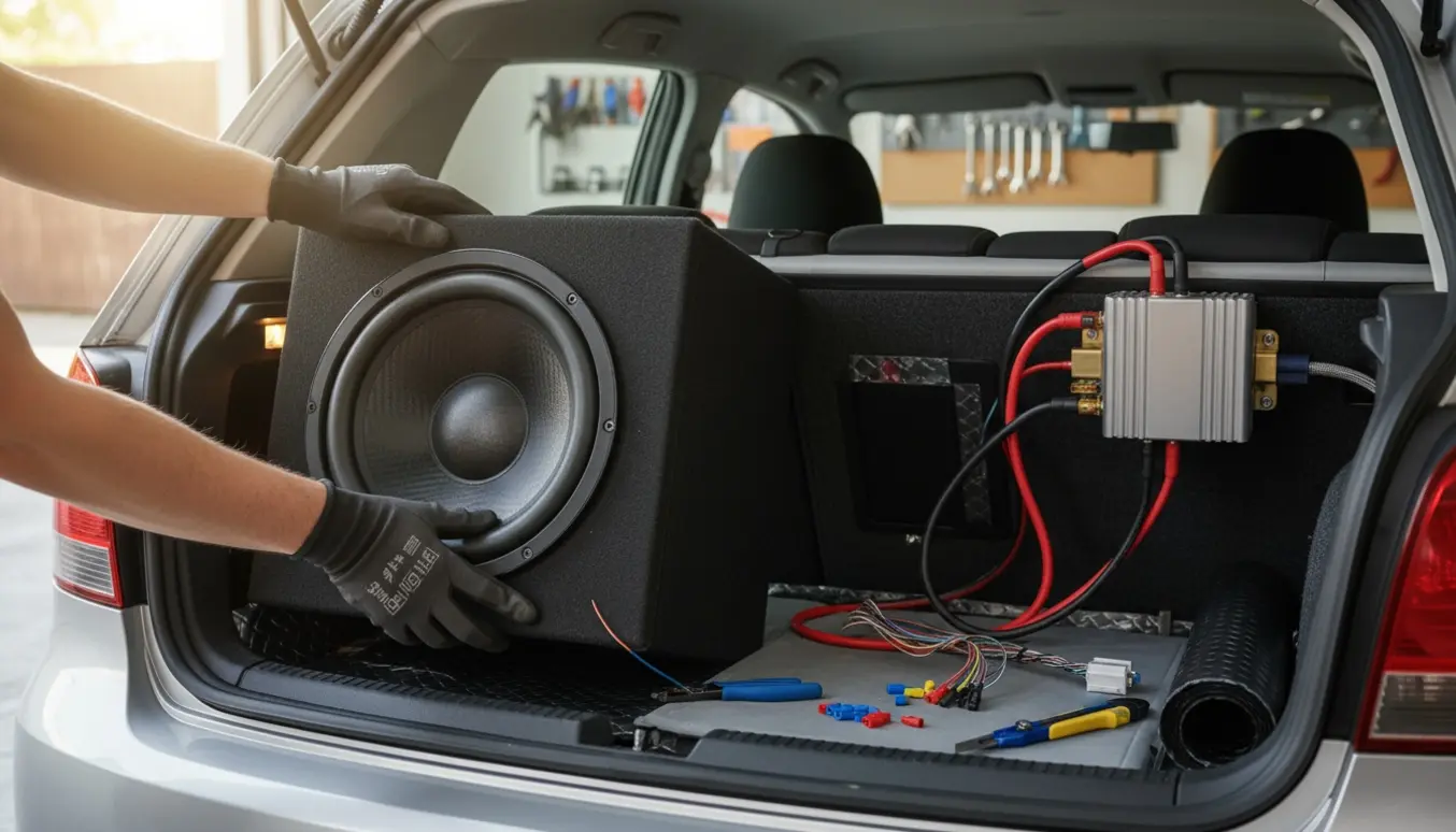 Hænder installerer subwoofer og forstærker i bagagerummet på en 2012 Polo-stil hatchback i en garage.