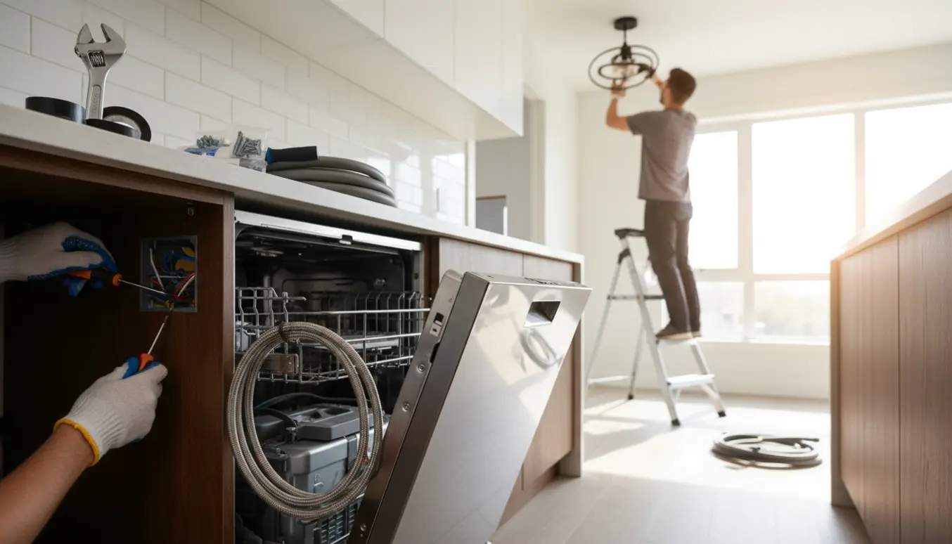 Køkkeninstallation med en indbygget opvaskemaskine, hænder tilslutter el og vand, mens en lampe monteres i loftet.