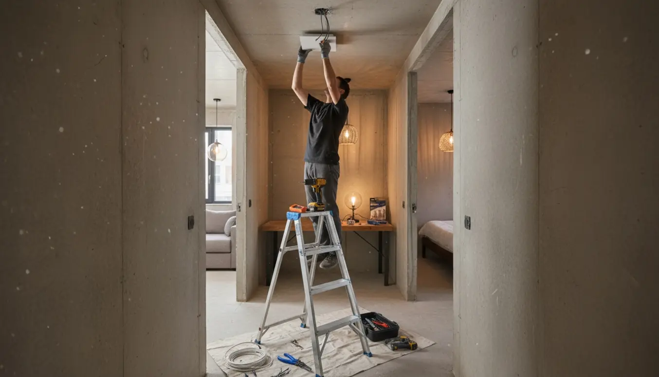 En person på en stige installerer en flad loftslampe i en betongang med værktøj og to hængelamper i baggrunden.