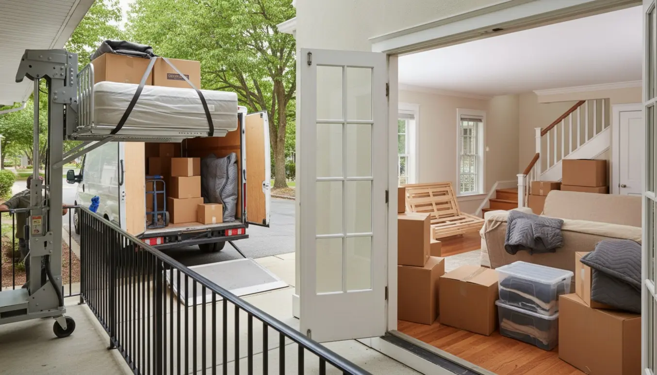 Møbler og kasser sænkes med en lift fra første sal til en varebil, mens flyttekasser står i lejlighedens stue ved en trappe.