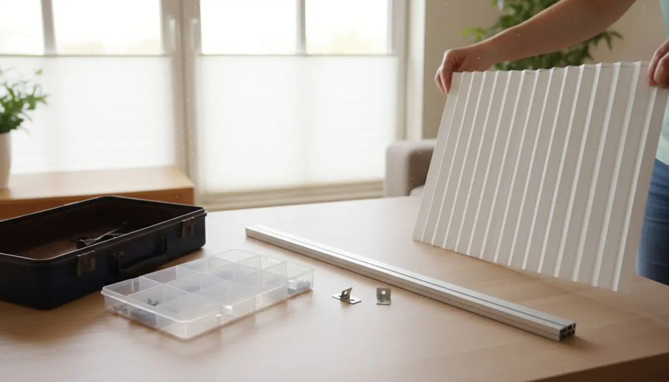 Plissegardin og løs metalskinne klar til montering ved vindue, hænder holder gardinet uden værktøj.