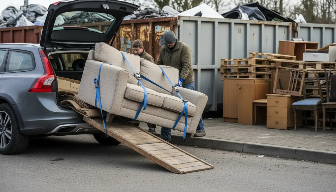 Sofa læsses i en stationcar ved genbrugsstationen med tæpper og stropper til sikring.