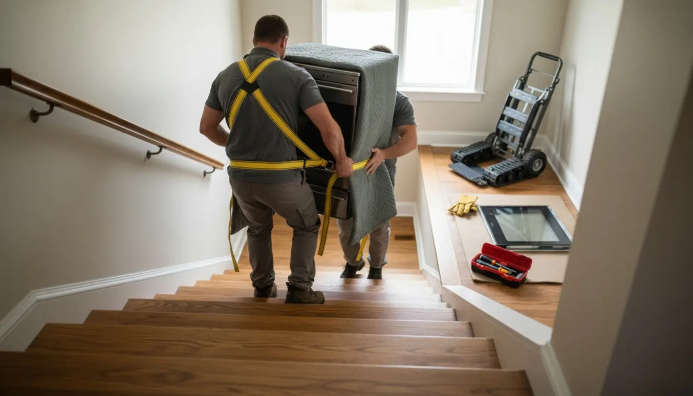 To flyttefolk bærer et indpakket el-komfur op ad en lys trappeopgang med dolly og værktøj på reposen.
