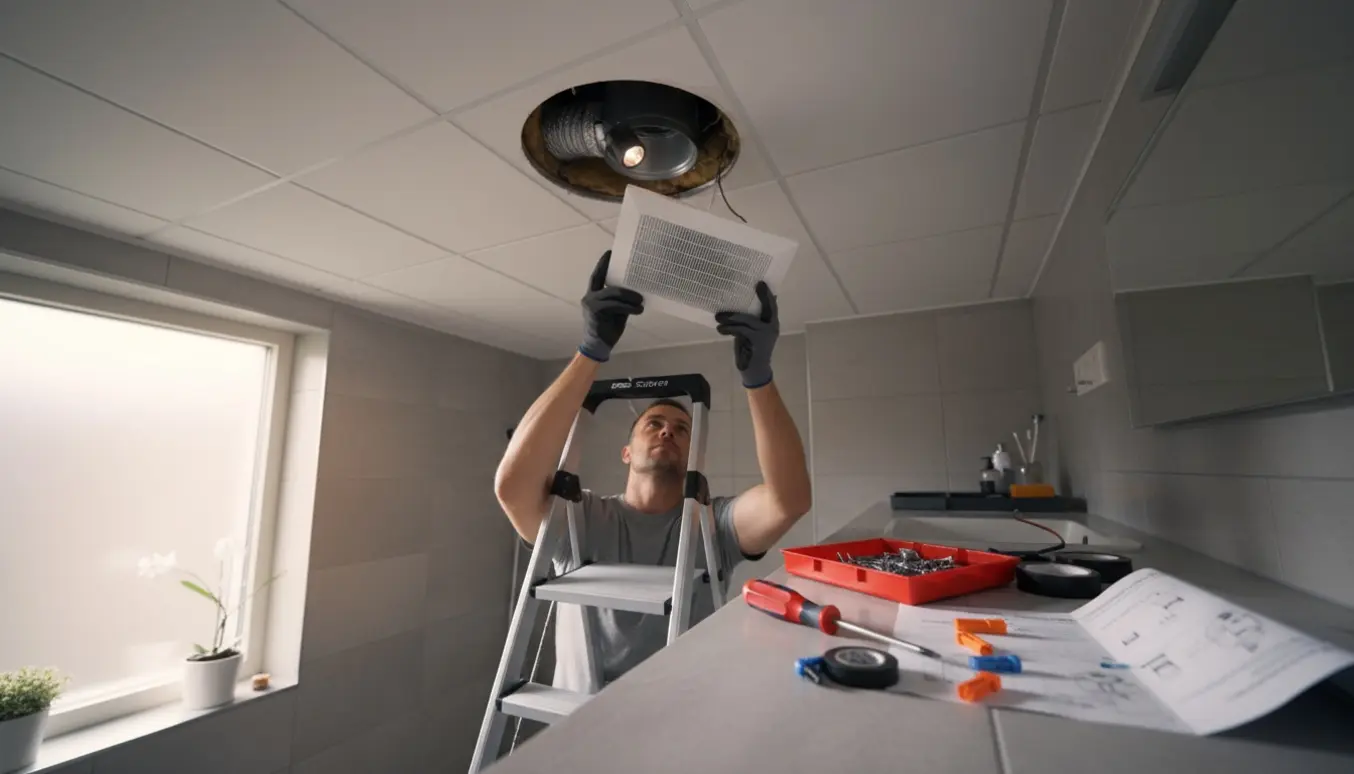 Udskiftning af en 15x15 cm badeværelsesventilator med værktøj på en lille stige.