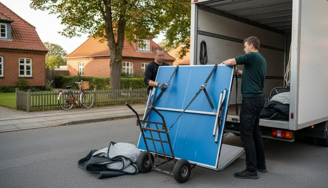 Et sammenklappet bordtennisbord bliver læsset ind i en flyttebil på en stille villavej.
