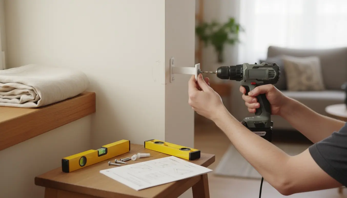 Hænder monterer en hvid gardinstang over et vindue med en boremaskine og værktøj ved siden af.