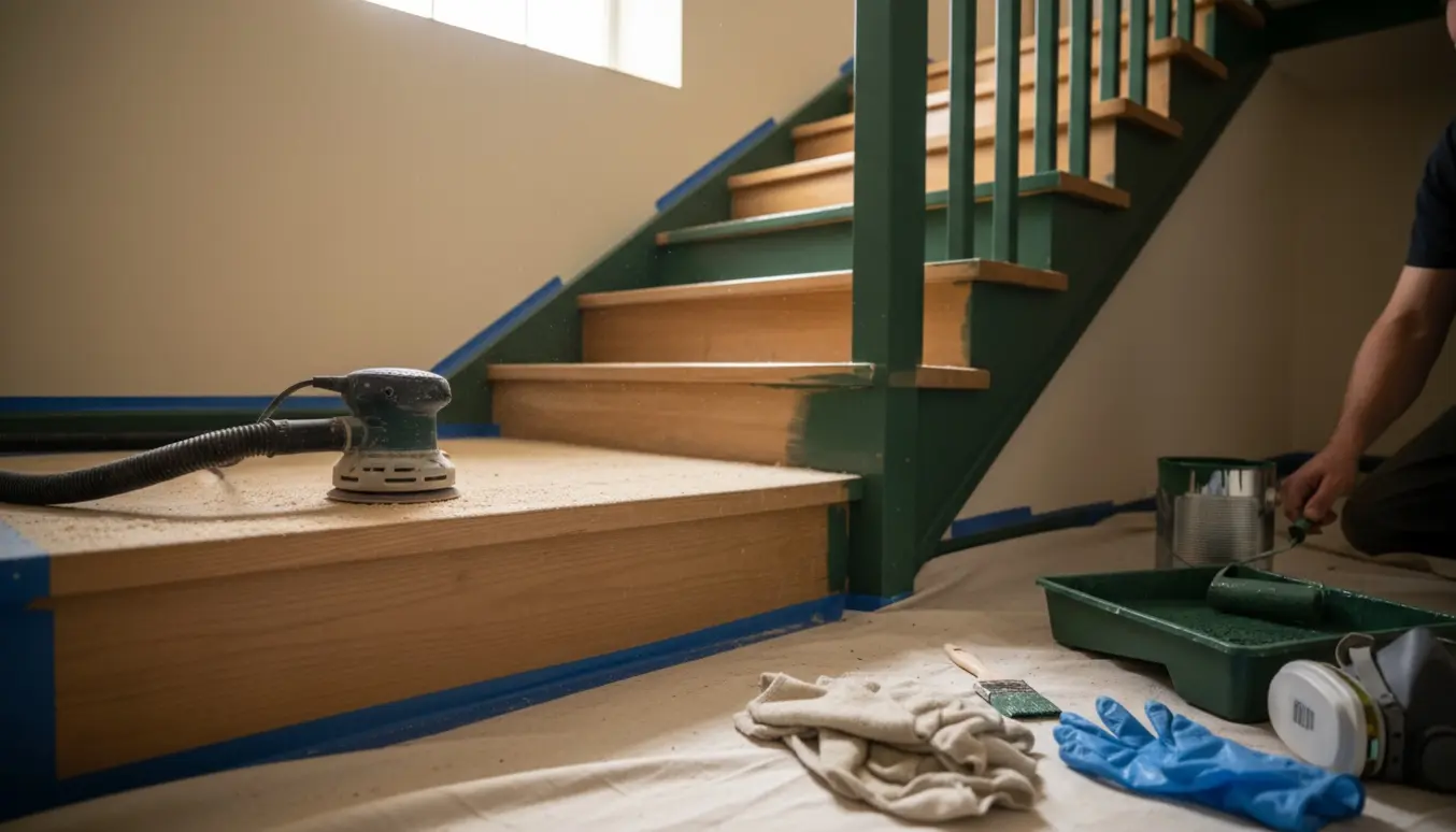 Kældertrappe under behandling med slebne og nylakerede trin samt gelænder og vanger malet i mørkegrøn.