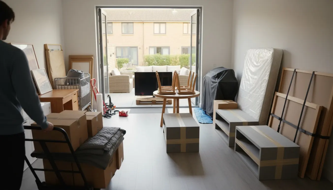 Stabel af pakkede flyttekasser og indpakkede møbler i døråbningen mellem lejlighed og rækkehus klar til flytning.