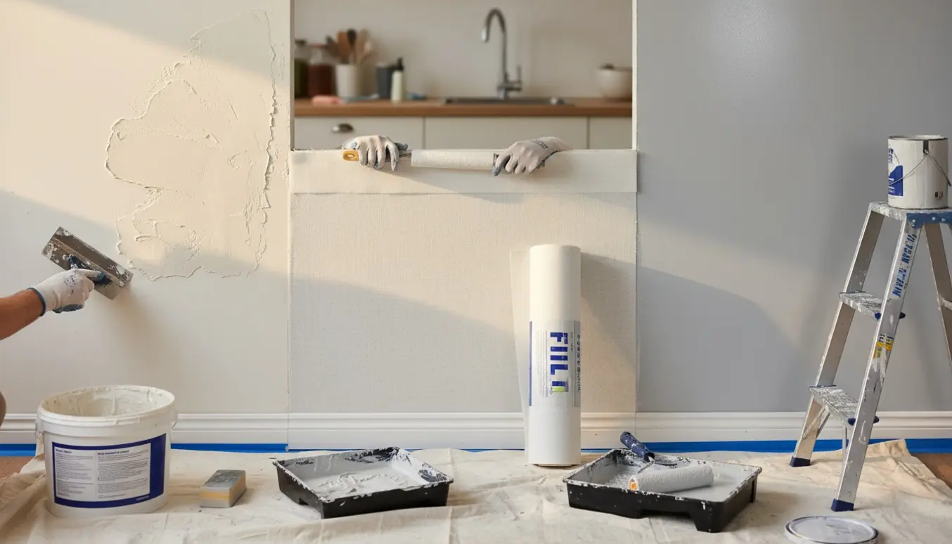 Køkkenvæg under renovering med spartel, opsat filt og nyligt malet område samt værktøj.