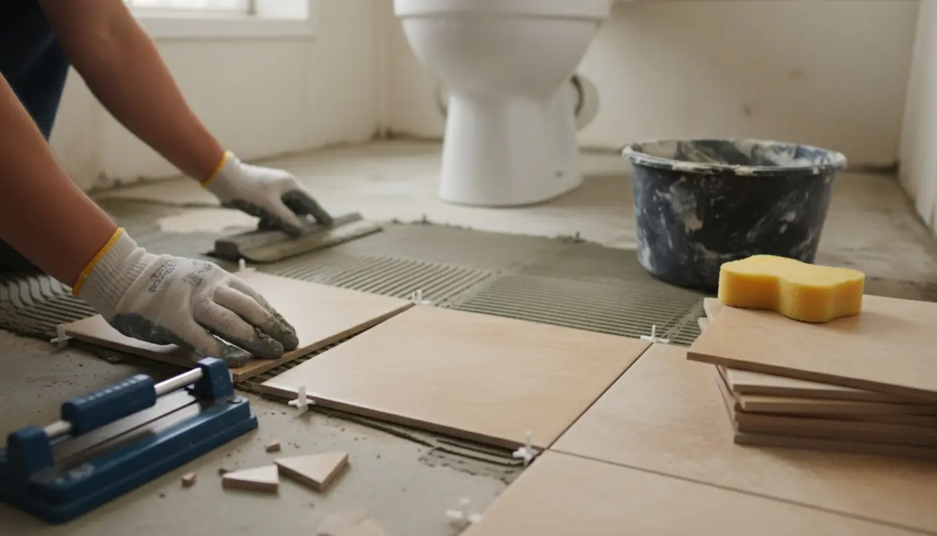 Nærbillede af udskiftning af fliser og fugning i et lille toilet med hænder og værktøj i fokus.