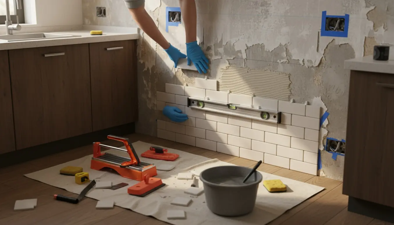 Udsnit af et køkken, hvor 7,5x15 cm fliser lægges i forskudt forbandt på en væg med delvist fjernet savsmulstapet.