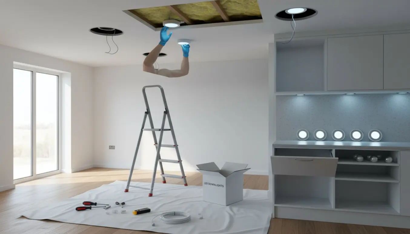 Hænder på en stige udskifter halogenloftspots med nye LED-moduler i stue og ved åbent køkkenskab.