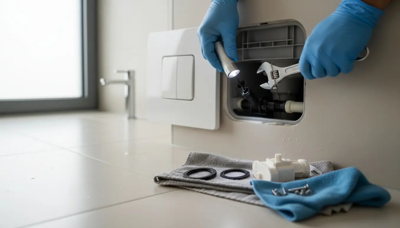 Åbnet indbygget cisterne med værktøj og hænder, der inspicerer en løbende Geberit-toilet.